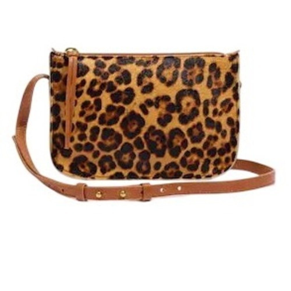 Madewell Leopard Print Calf Hair Crossbody Bag Leather Trim Brown Tan Small